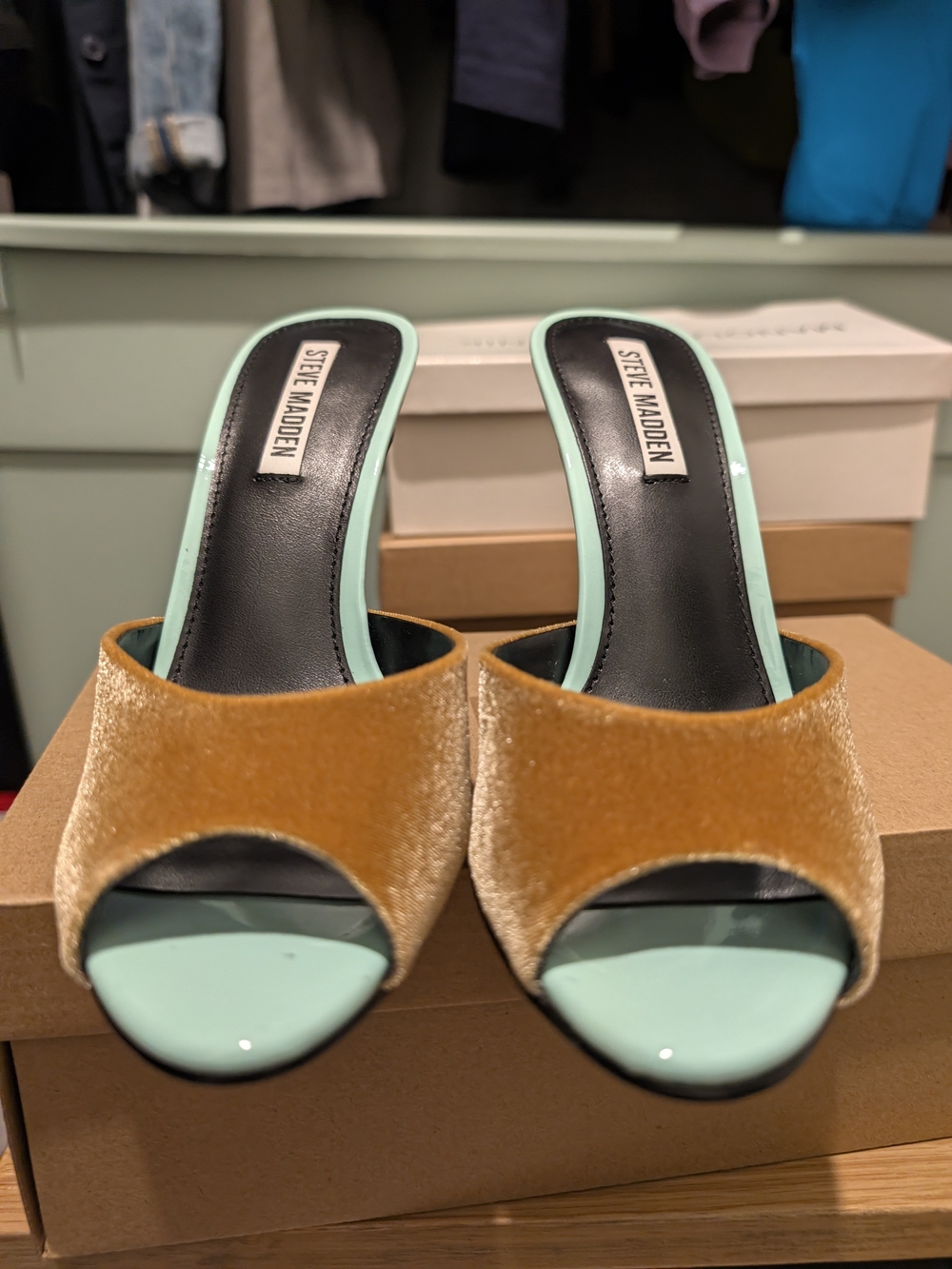 Steve Madden Gold Velvet Slide Mules with Mint Footbed